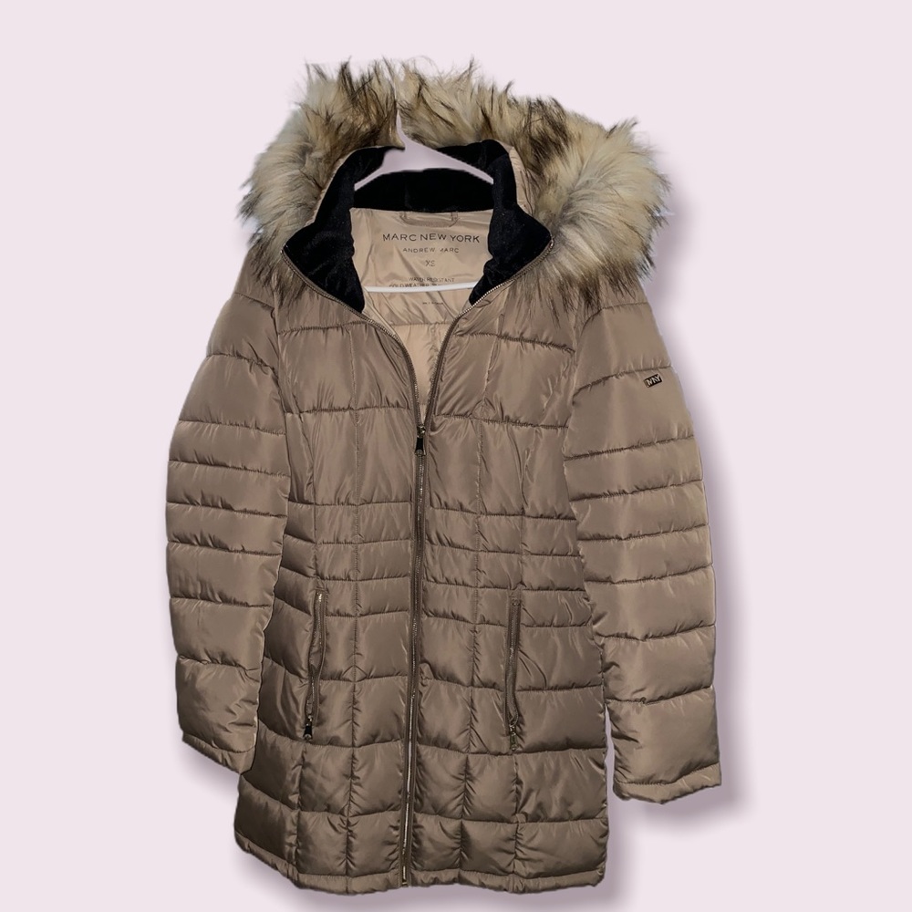 Faux-Fur-Trim Hooded Down Puffer Coat